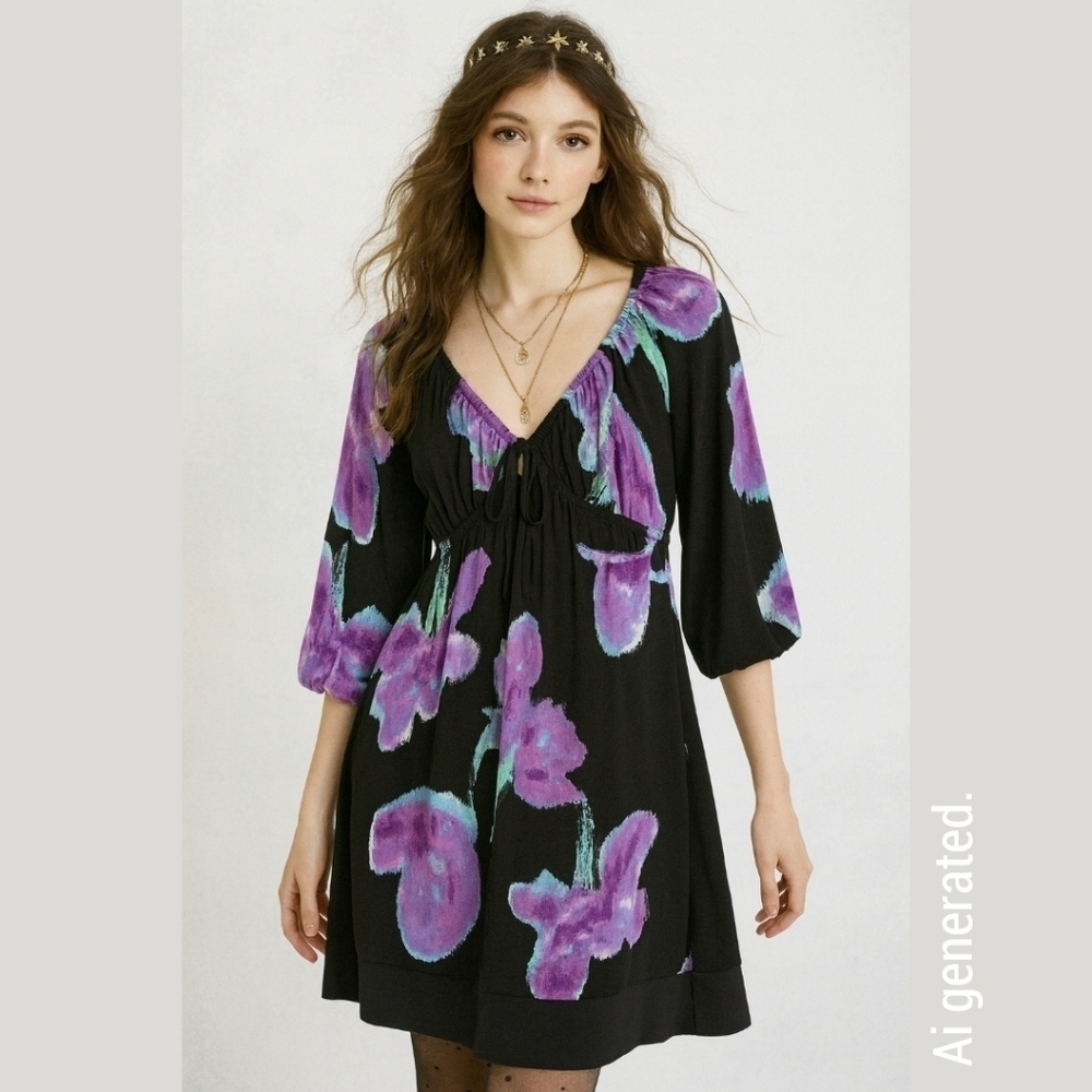 ✨️4/$20 INC Black Purple Turquoise Floral Dress, Fairycore